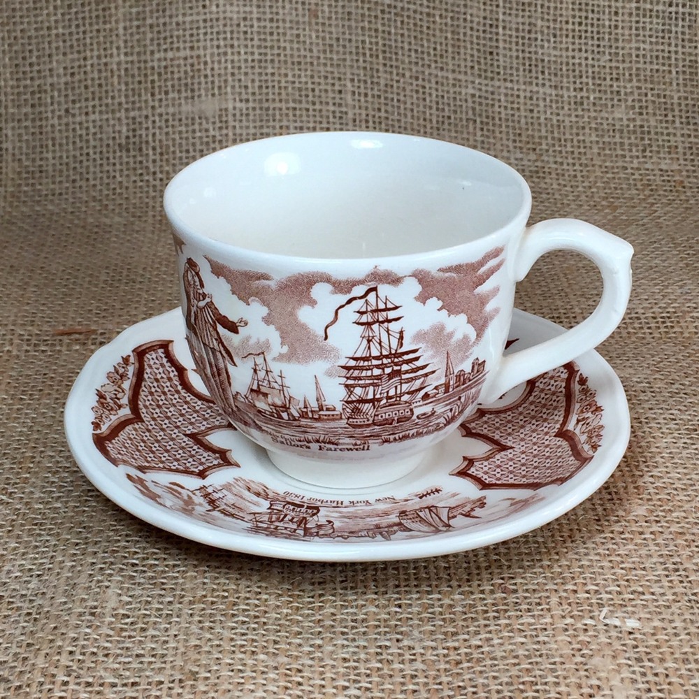 Alfred Meakin Fair Winds Tea Cup and Saucer Brown Transferware Nautical Set